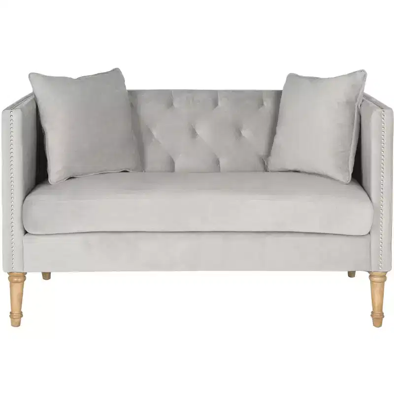 Grey Velvet Tufted Settee with Throw Pillows