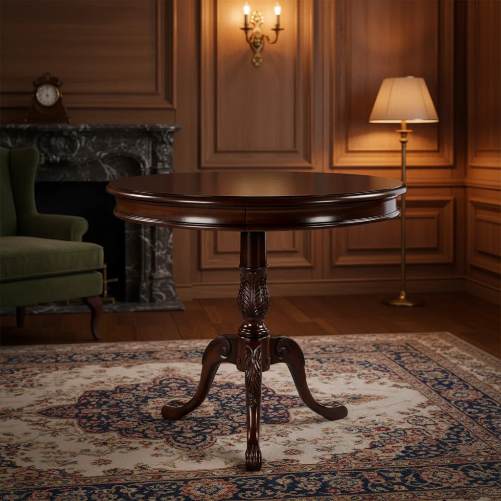 Traditional Round Wooden Pedestal Table in Cherry Finish - Dark Brown