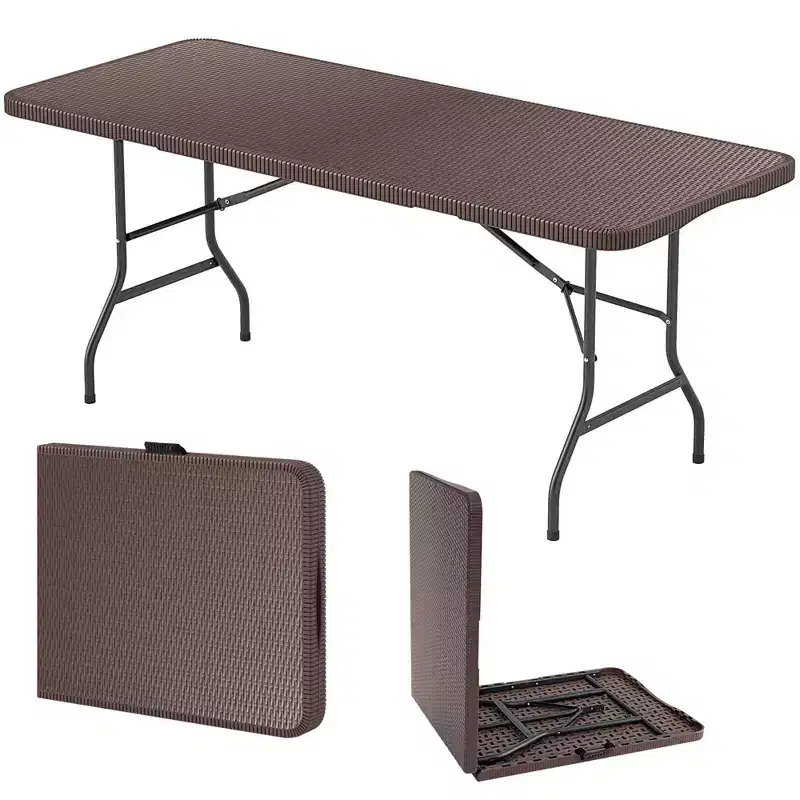Costway 350 LBS Fold-in-Half Table with Rattan-Like HDPE Tabletop Safe Lock Mechanism