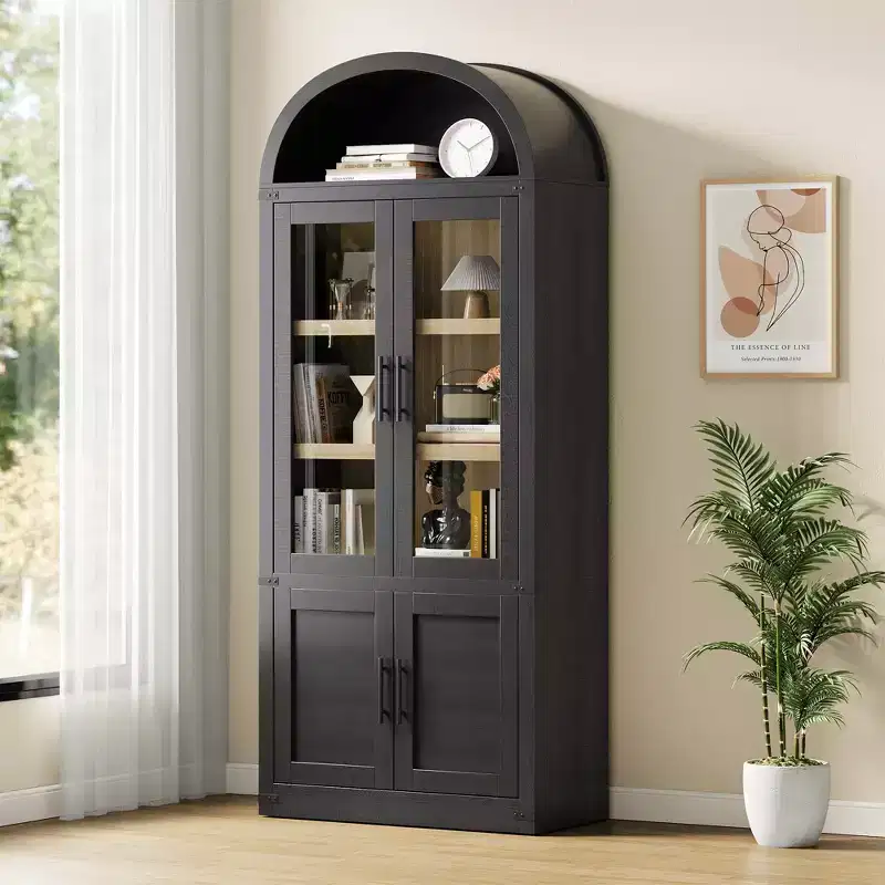 72 Modern Arched Storage Cabinet  6-Tier Bookcase with 2 Glass & 2 Wooden Doors for Living Room/Kitchen/Office