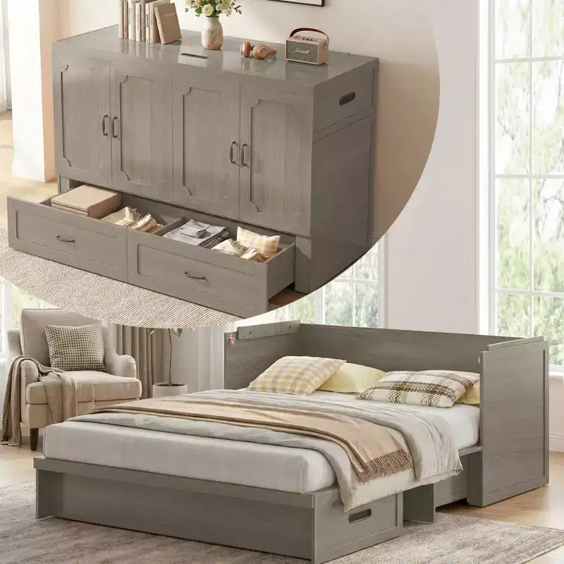Mjkone Queen Size Convertible Murphy Cabinet Bed with Mattress, USB Charging, Storage Drawers