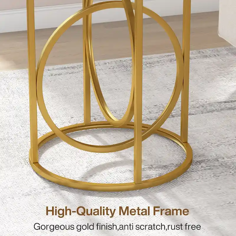 20 in. Marble White Round Wood End Table with Gold O-shaped Base