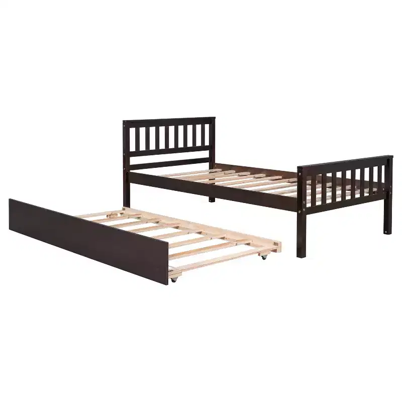 Twin Bed with Trundle, Solid Wood Platform Bed Frame with Headboard, No Box Spring Needed