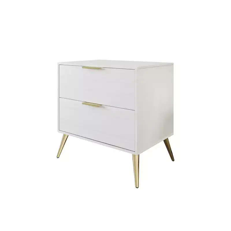 2-Drawer Nightstand with Gold Legs and Handles, Solid Wood