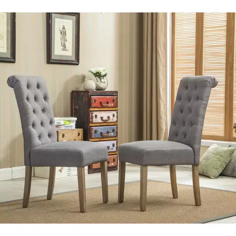 Solid Wood Tufted Parsons Dining Chair, Grey, Set of 2