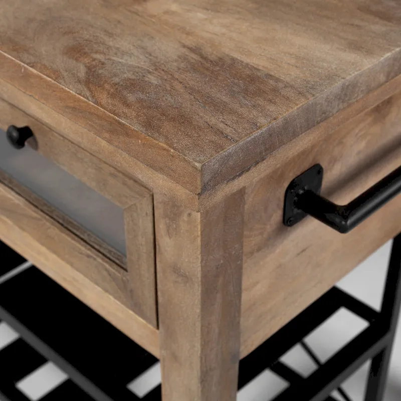 Stuart I Brown Solid Wood Top Two-Tier Black Metal Rolling Kitchen Island - 28.0L x 60.0W x 34.0H