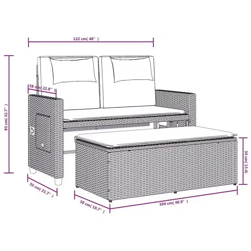 vidaXL Reclining Patio Bench with Cushions Seating Poly Rattan