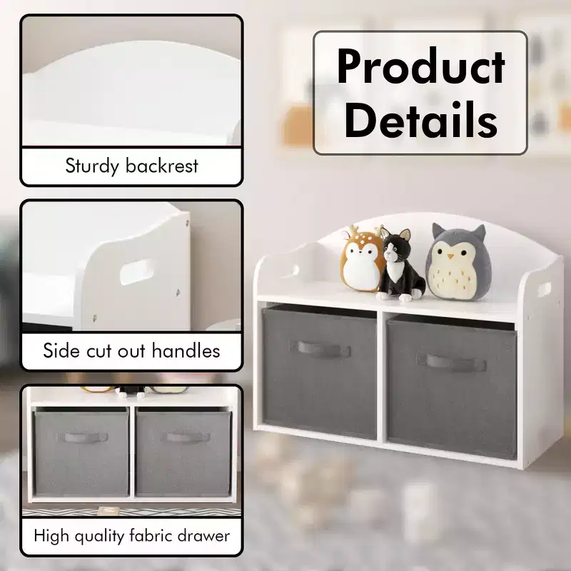 Kids Wooden Toy Box/Bench with Collapsible Fabric Drawers - White