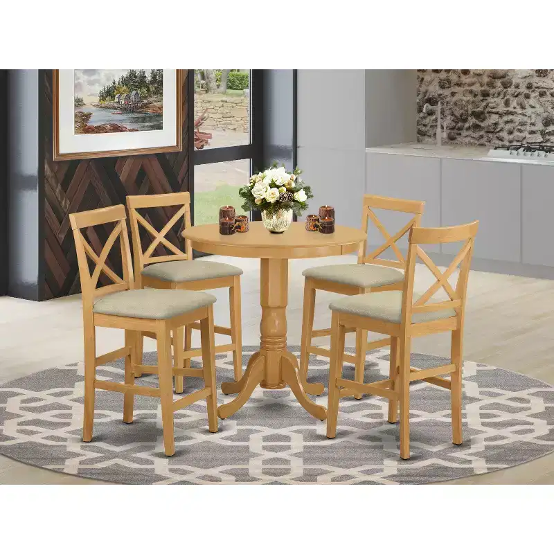 HomeStock JAPB5-OAK-W 5 Piece Counter Height Dining Set Round Table 4 Chairs Oak