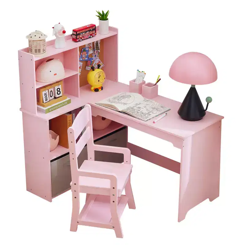Children's corner table and chair set, L-shaped children's study table, with bulletin board, open bookshelf, storage cabinet and fabric drawer.
