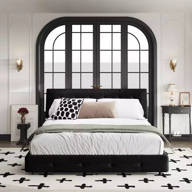 Size Bed Frame Tufted Headboard with Extra Large Ultra Soft Cloud Pillow, Chenille Platform Bed with Metal and Wooden Black