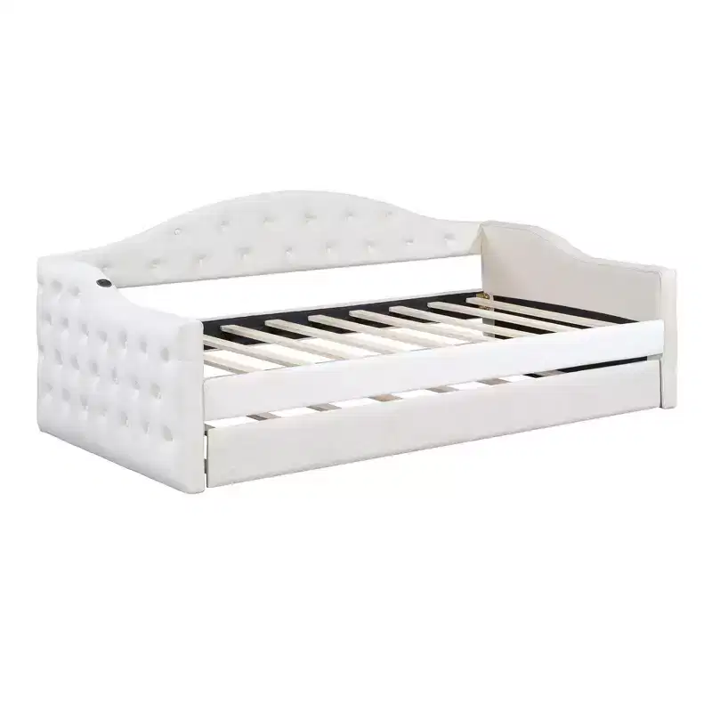 Zeus & Ruta Twin Upholstered Daybed with Trundle, Velvet Sofa Bed with USB Charging Ports