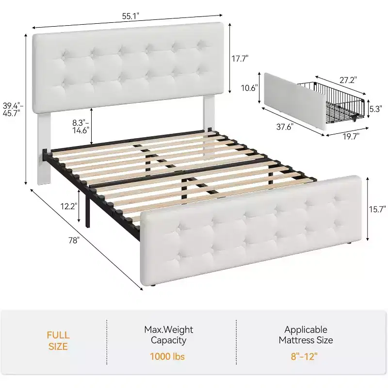 Storage Bed Frame with 4 Drawers & Adjustable Headboard - Upholstered Platform Bed