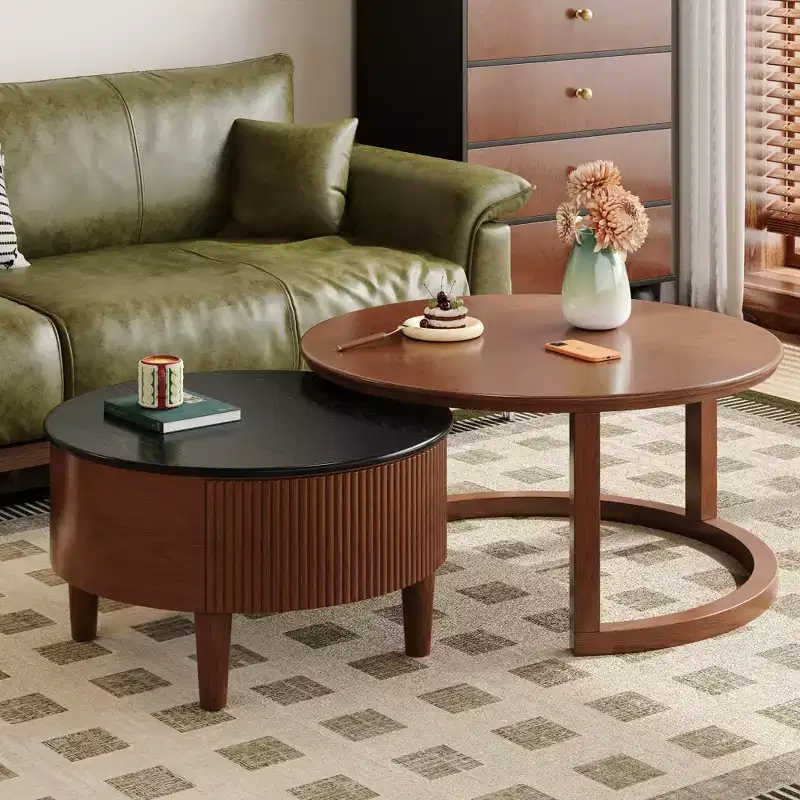 JVNOXK Vintage Round Nesting Coffee Table Fluted with Drawer in Black & Walnut in 31.5''