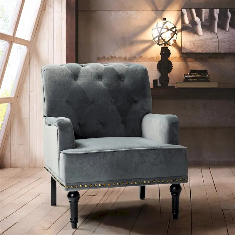 Geltrude Transitional Upholstered Button Tufted Club Chair with turned wooden Legs by HULALA HOME