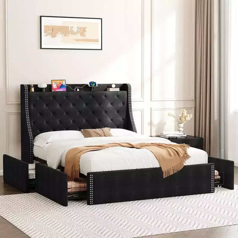 Bed Frame, Platform Bed with Velvet Upholstered Wingback Headboard - Wooden Slat Support, No Box Spring Needed, Easy Assembly
