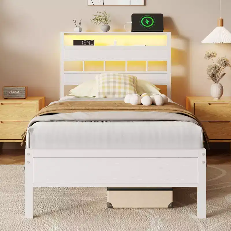 White Twin Platform Bed Frame with Bookcase Storage Headboard LED Lights Charging Station Metal Support No Box Spring Needed Kids Dorm Room