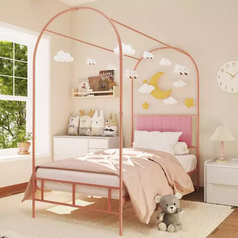 Twin Canopy Bed Frame with Upholstered Headboard, Metal Platform Bed Frame with Strong Slats Support
