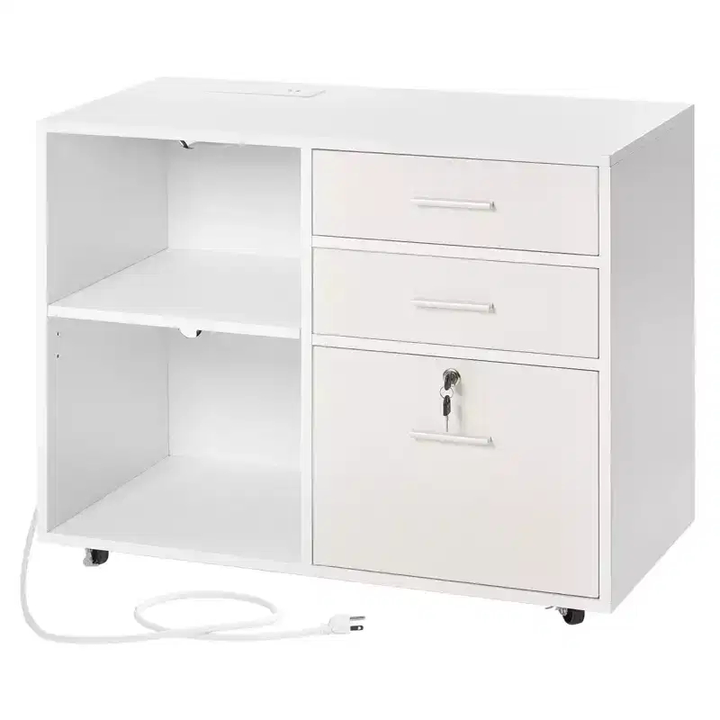 VEVOR 3 Drawer Wooden File Cabinet, Mobile Filing Cabinet with Light Strip, Lockable Rolling File Storage with Adjustable Shelves & 5 Wheels, White