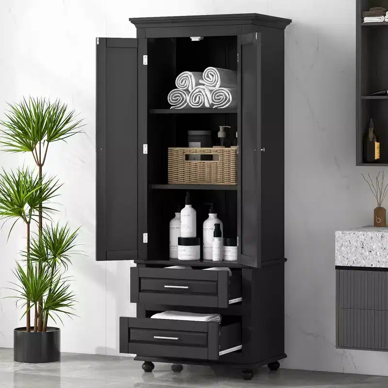 GDFStudio Norton Modern Wood Freestanding Bathroom Storage Cabinet with Two Drawers, Adjustable Shelf and Enclosed Cabinet