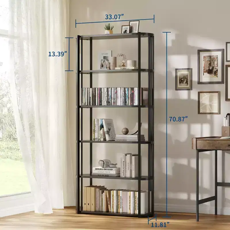 Bookshelf, 6-layer bookcase, industrial style corner storage shelf, freestanding, suitable for bedroom, home office, kitchen, living room