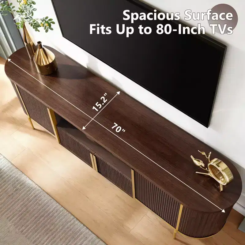 70 Fluted Stand, Modern Entertainment Center with Faux Marble Top and Curved Design, Media Console for Living Room Storage