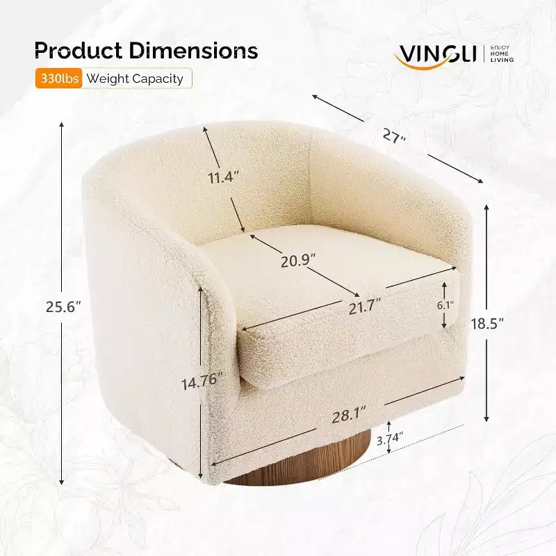 VINGLI 360Swivel Accent Chair with Engineered Wood Base and Removable Cushion for Living Room, Bedroom