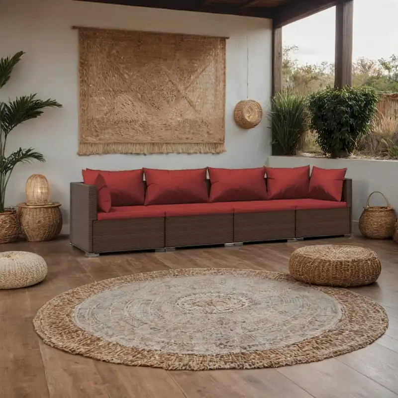 4pc Patio Sectional Sofa Set with 6 Pillows, 4 Cushions, Red Brown