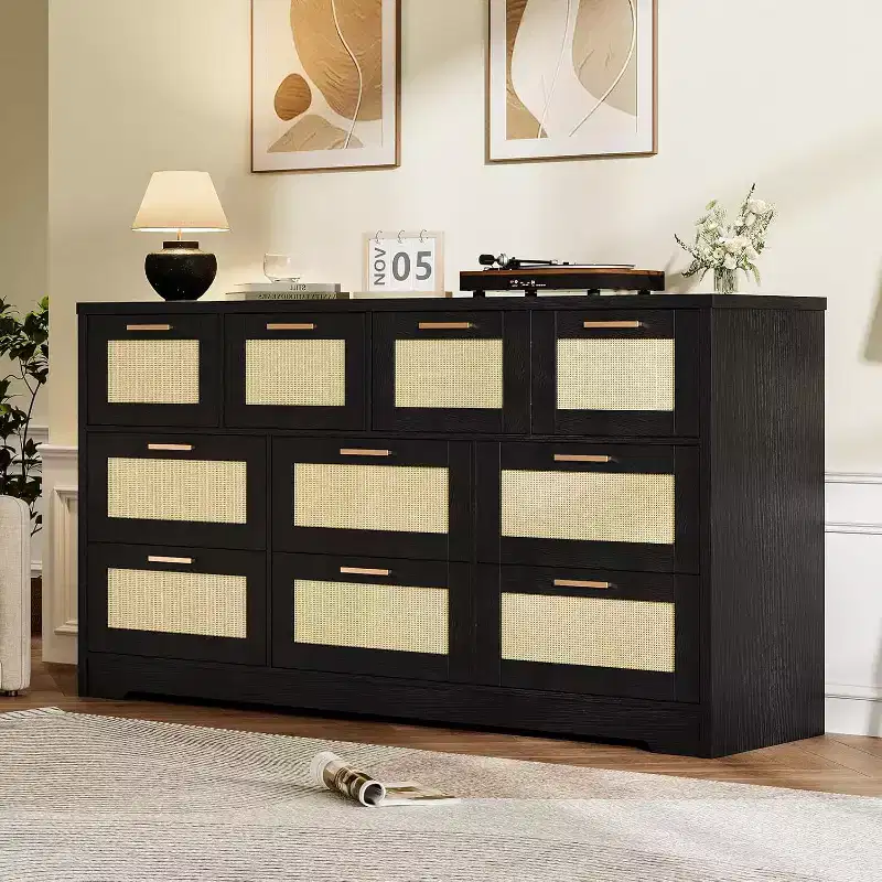 59-Inch Rattan 10-Drawer Farmhouse Chest of Drawers with Anti-Tipping Device for Home Office and Closet