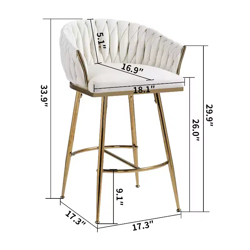 26 Inch Counter Height Bar Stool, Velvet Kitchen Island Stool with Wave Back, Gold Chrome Base and Footrest, Beige