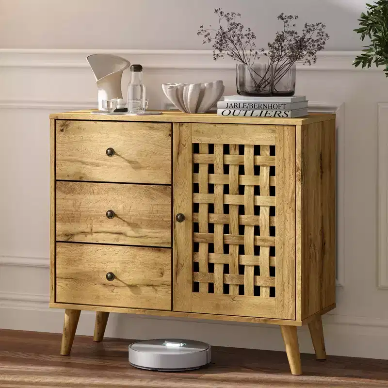 Heynemo Accent Cabinet with Drawers, Entryway Cabinet with Oak Legs, Wooden Decorative Sideboard Cabinet with Adjustable Shelf & Doors, Natural