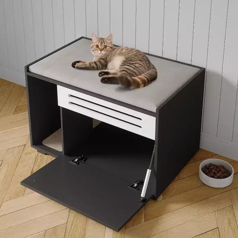 Cat Litter Box Enclosure with Ventilated Panel Hidden Litter Box Furniture with Drop Down Door, Indoor Cat House Wood