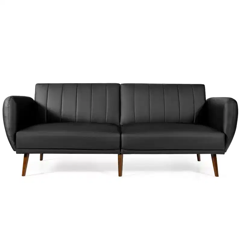 Costway Convertible Futon Sofa Bed PU Adjustable Couch Sleeper w/Wood Legs