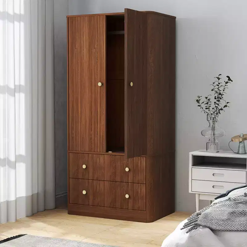 Clothing Wardrobe 2 Doors 2 Drawers, Elegant Wooden Freestanding Storage Cabinet for Bedroom Living Room Office