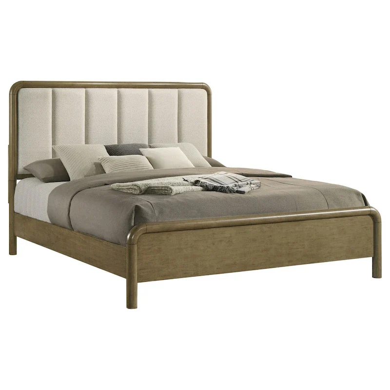 King Bed, Vertical Channel Tufted Beige Boucle Upholstery, Brown