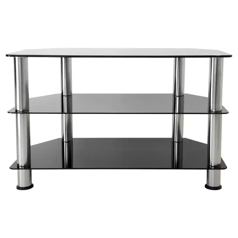 Black & Silver 3-Shelf Tempered Glass TV Stand, Fits TVs up to 43
