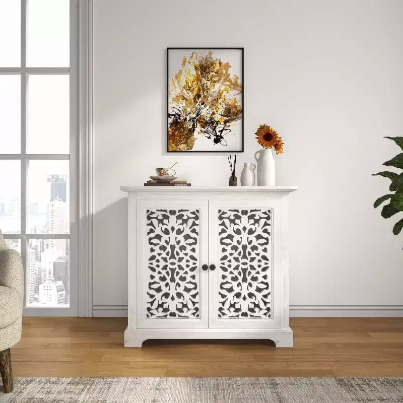 Antique Sideboard Storage Cabinet with Carved Doors, Distressed Accent Buffet Cabinet - Panipeachy