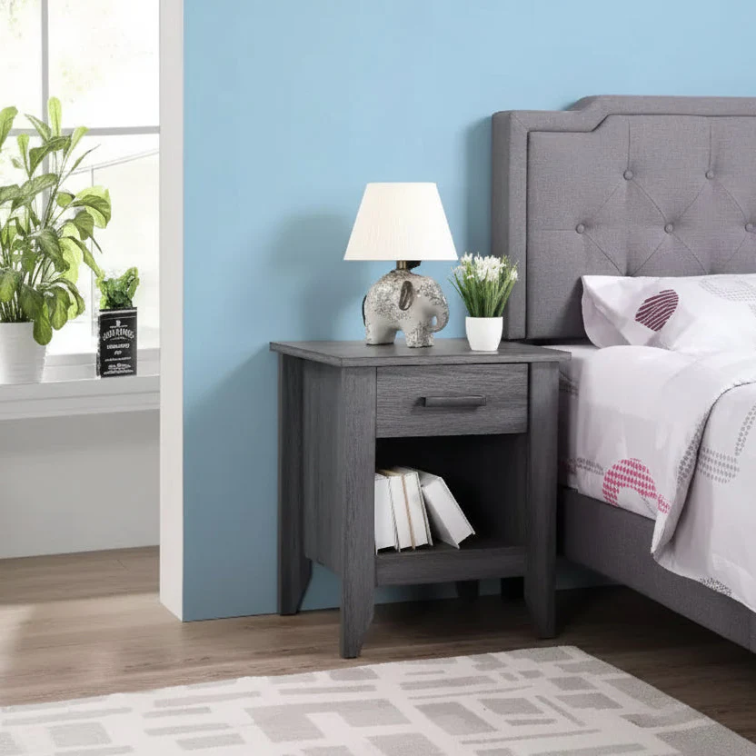 Grey 1-Drawer Nightstand with Open Shelf