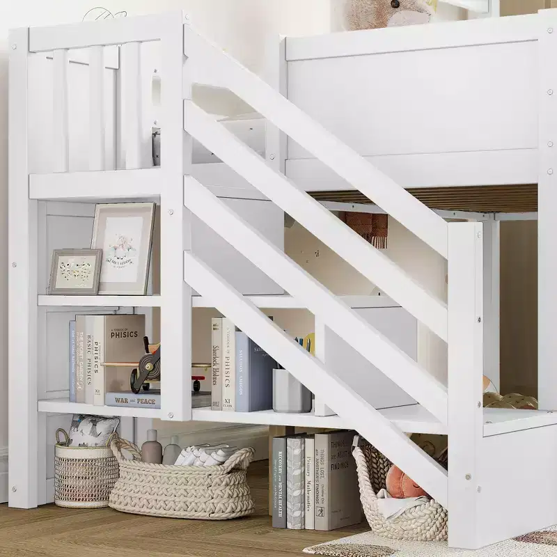 Wood Twin Loft Bed with Slide, Removable Desk & Storage Stairs