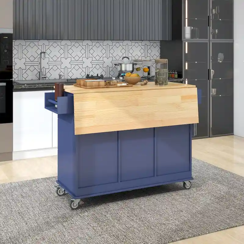 Rolling Kitchen Island with Drop Leaf, Solid Wood Top and Storage Cabinet, 52.7 Inch Width