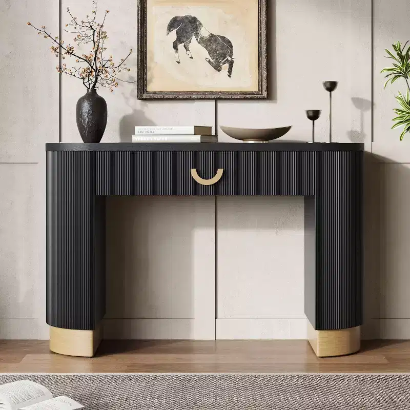 Okak Modern Console Table with Vertical Ribbed Design, Entryway Table with 1 Large Drawer and Metal Handle, Sofa Table for Living Room, Black+Gold