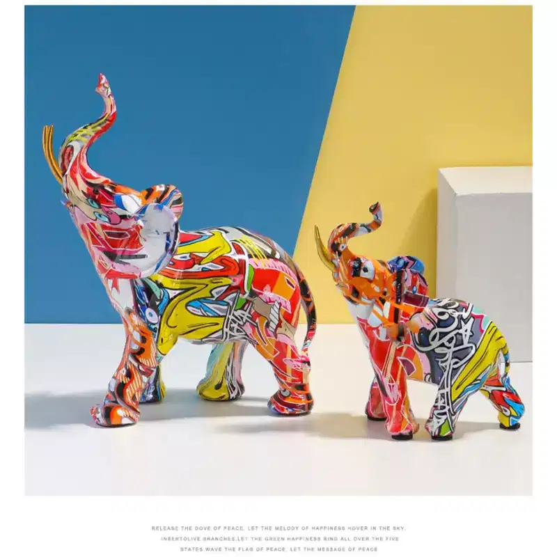 Colorful Resin Elephant Figurine - Water Transfer Printed Home Decor