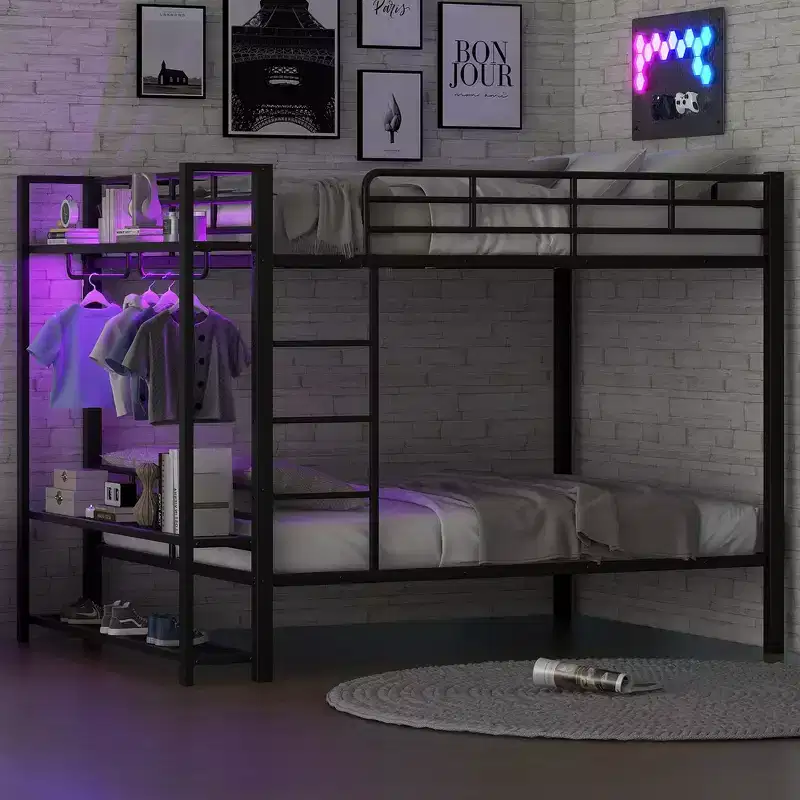Full Size Metal Bunk Bed with LED Light Strips (7 Colors), Open Storage Shelves & Hooks