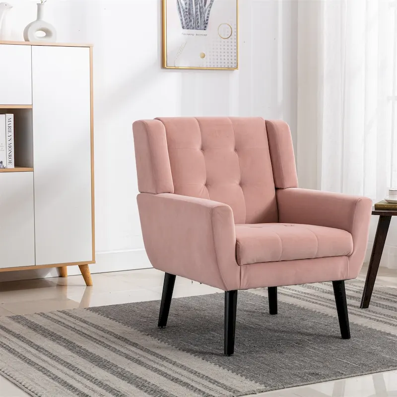 Pink Velvet Modern 29.5 Tufted Accent Chair with Wood Legs