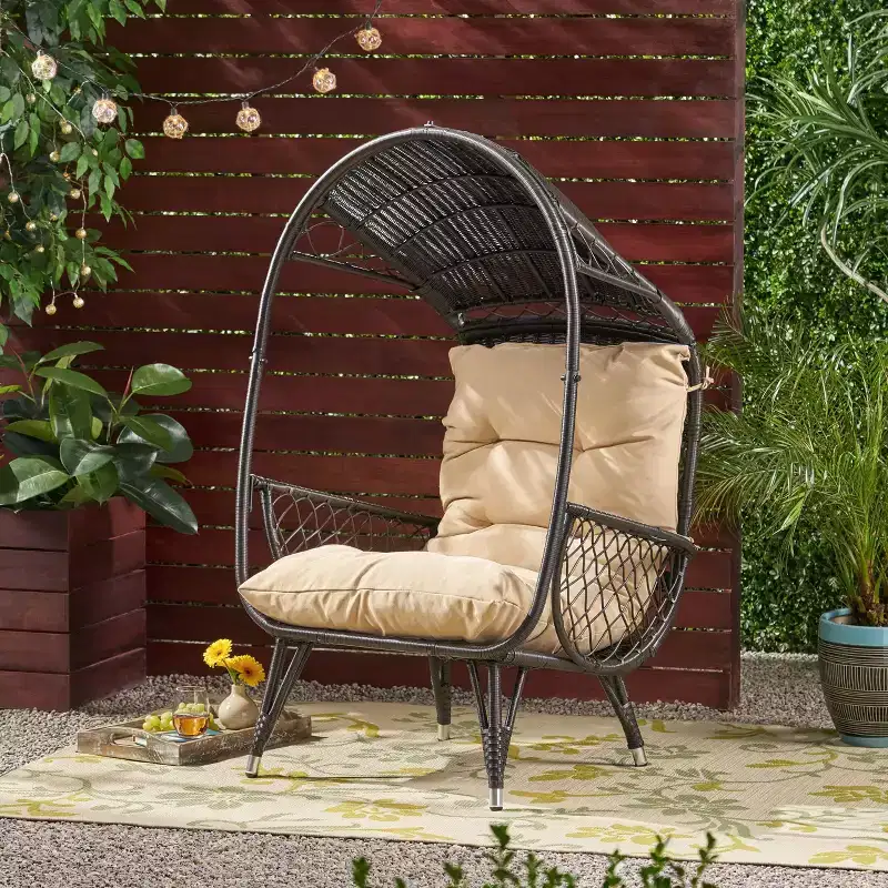 Okak Outdoor Egg Chair with Cushions, Patio Accent Chair with Armrests and Shading Canopy, Porch Chairs for Garden, Backyard, Balcony, Brown