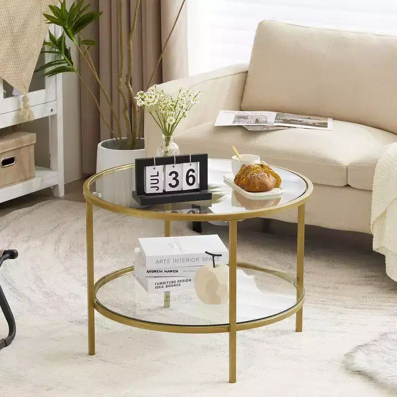 25.6in Round Glass Coffee Table with 2-Tier Storage, Gold Metal Frame