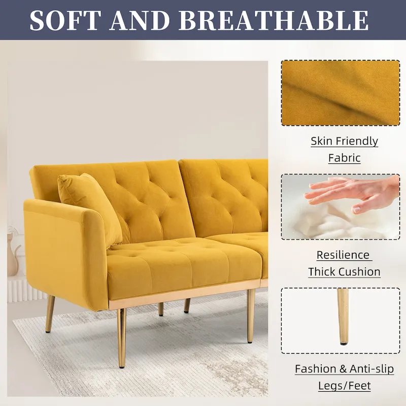 Velvet Upholstered Tufted Loveseats Sleeper Sofa With Rose Golden Legs