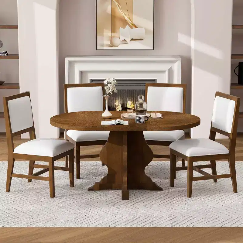 Whisen Farmhouse Wood 5-Piece Dining Table Set with 4 Upholstered Chairs, Extendable Dining Table