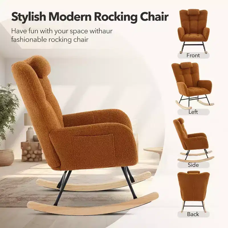 Modern Teddy Indoor Upholstered Padded Seat Nursery Rocking Chair with High Backrest for Living Room, Bedroom, Cozy Reading