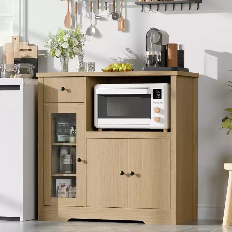 Coolmee Kitchen Microwave Cabinet with Storage and Drawers, Modern Small Buffet Cabinet with Glass Doors and Adjustable Shelf, Wooden Sideboard